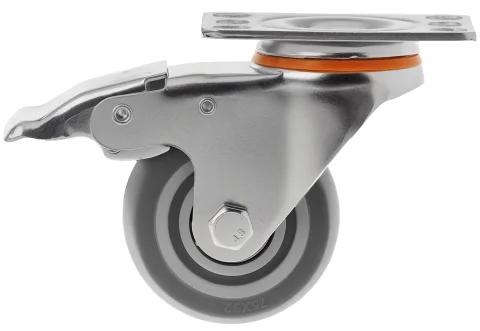 34075Sb - Аппаратное колесо из термопласт. рез.75 мм(пов.площ,тормоз,серое,полипр.обод,дв.шарикопод)